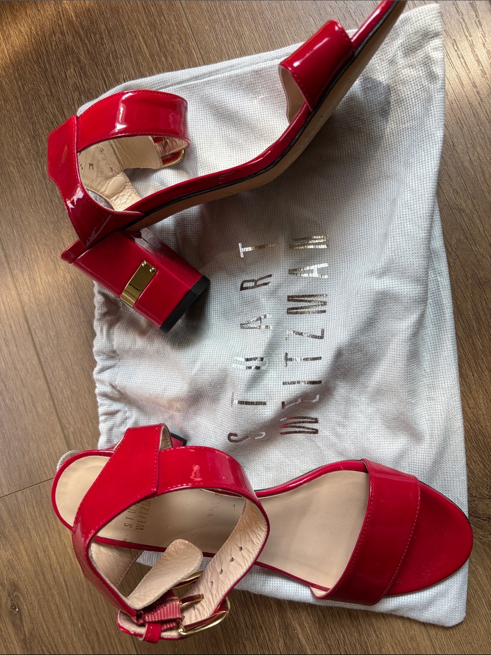 Stuart Weitzman Red Patent Block Heel Sandals with Gold Accent